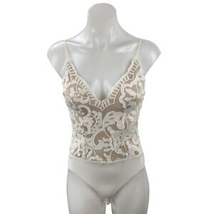 Hello Molly White Beige Floral Lace Sleeveless V Neck Cami Tank Bodysuit Top XS